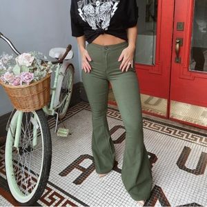High Waisted Bell Bottom Flare Jeans - Small / Olive Green